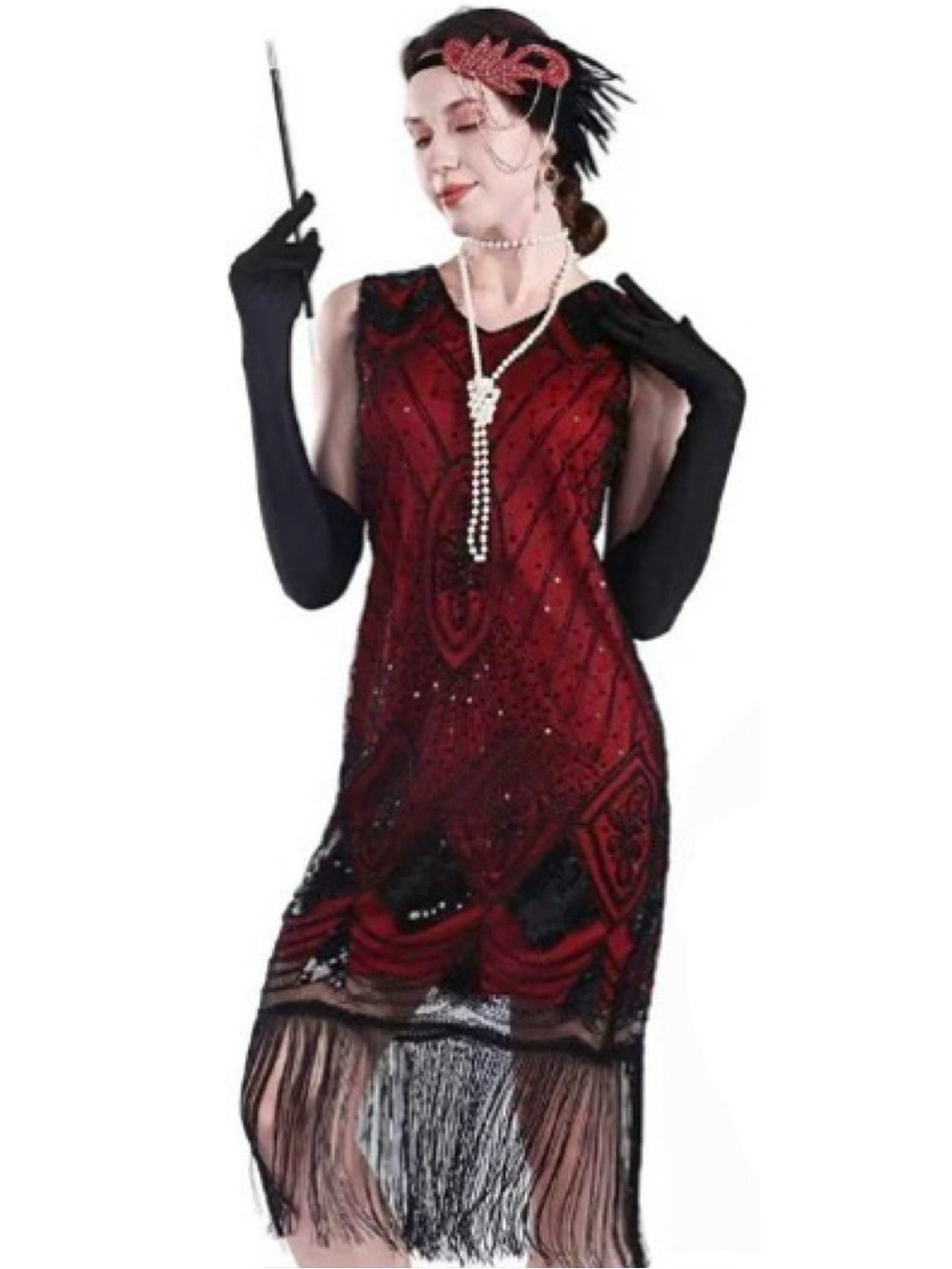 New Women’s Size Large Red & Black 1920s Flapper Style Costume Dress with Fringe